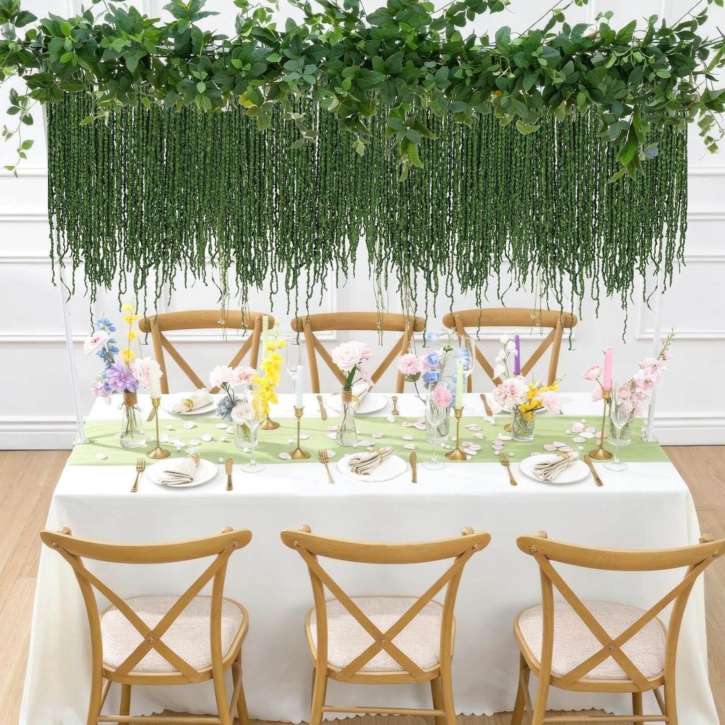 100 Pcs Hanging Moss Vines Faux Moss Garland for Decorating Artificial Amaranthus Hanging Flowers 63" Fake Mossy Rope for Crafts Wedding Arch Floral Arrangment Wall Hanging Mantle Green