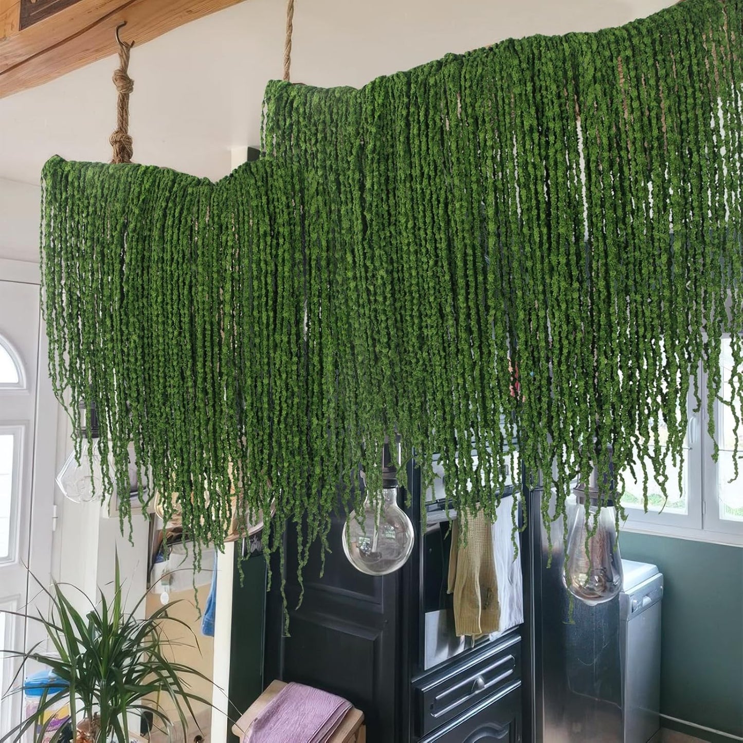 100 Pcs Hanging Moss Vines Faux Moss Garland for Decorating Artificial Amaranthus Hanging Flowers 63" Fake Mossy Rope for Crafts Wedding Arch Floral Arrangment Wall Hanging Mantle Green