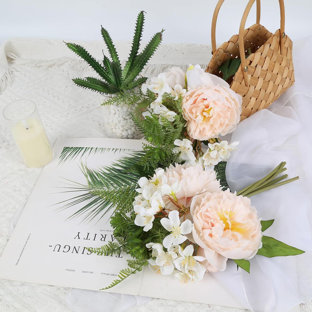 Fake Peonies 2 Bouquets Champagne Peonies Artificial Flowers Silk Peonies Faux Flowers with Stems for Bridal Bouquet Wedding Table Centerpiece Home Floral Arrangement Decor(Champagne)