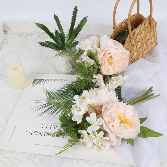 Fake Peonies 2 Bouquets Champagne Peonies Artificial Flowers Silk Peonies Faux Flowers with Stems for Bridal Bouquet Wedding Table Centerpiece Home Floral Arrangement Decor(Champagne)