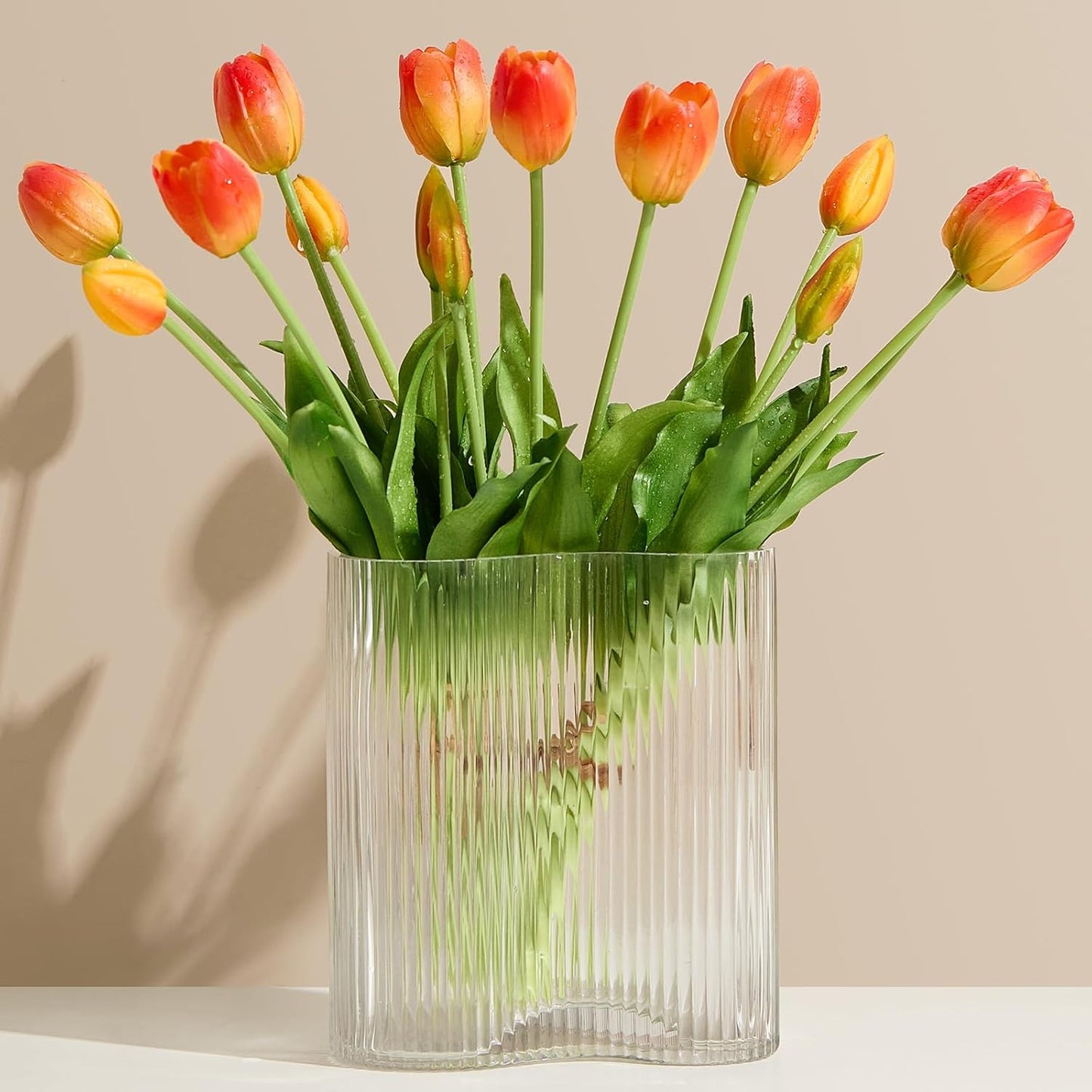 15 Pcs Orange Tulips Artificial Flowers Faux Tulips Real Touch Latex Fake Flower Bouquet for Spring Wedding Home Décor Centerpiece Arrangements