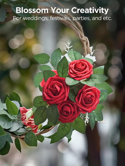 Fake Roses 50 Pcs Dark Red Flowers Artificial Faux Foam Floral