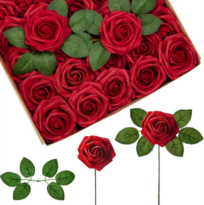 Fake Roses 50 Pcs Dark Red Flowers Artificial Faux Foam Floral