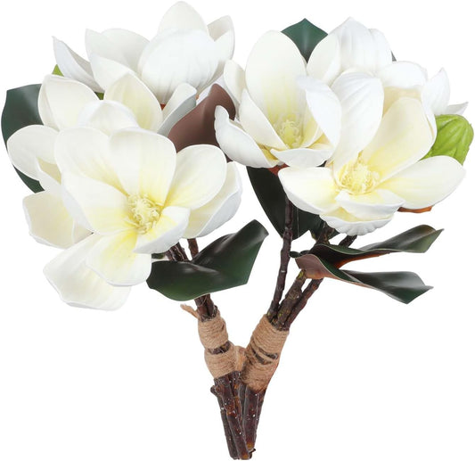 2Bundles Artificial Magnolia Flowers White Silk Magnolia Flowers Branches Faux Magnolias Flower with Stems Real Touch Magnolias Flower Bouquet for Wedding Home Indoor Outdoor Decor