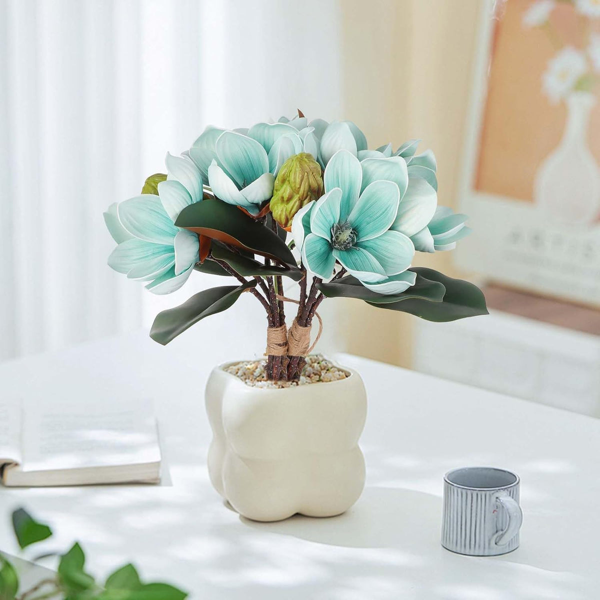 2Bundles Artificial Magnolia Flowers White Silk Magnolia Flowers Branches Faux Magnolias Flower with Stems Real Touch Magnolias Flower Bouquet for Wedding Home Indoor Outdoor Decor