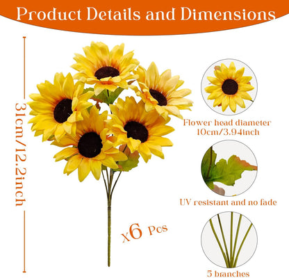 6 Bundles 30 Heads Sunflowers Artificial Flowers Fake Mums Faux Fall Flowers for Outdoors UV Resistant Silk Sunflower for Vase Autumn Wedding Porch Garden Indoor Outside Decor (Yellow)