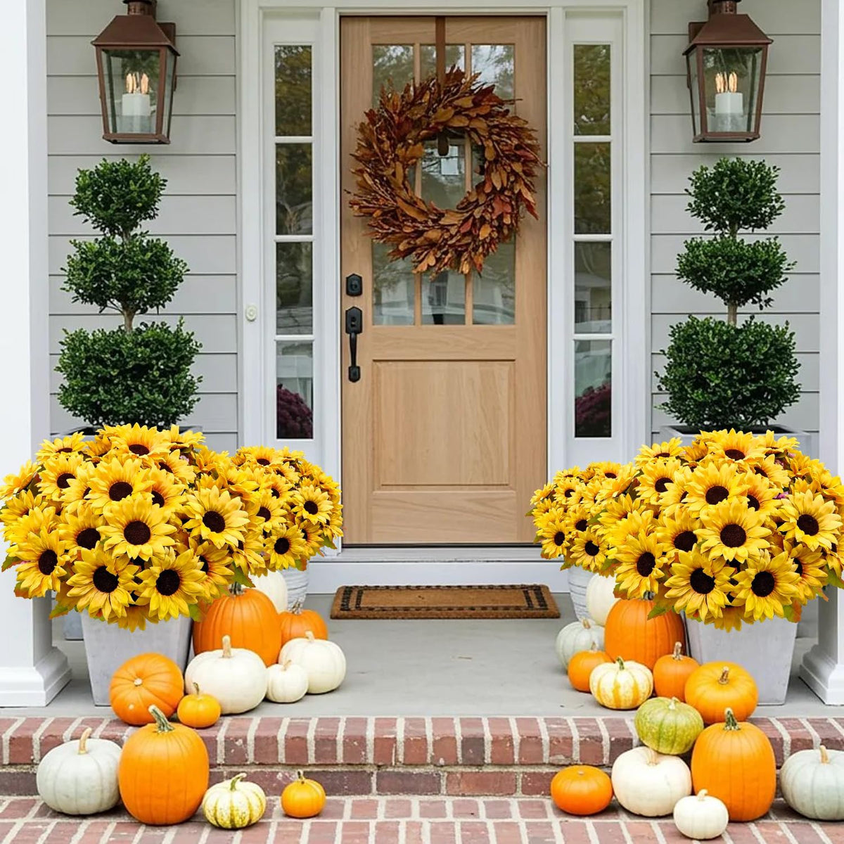 6 Bundles 30 Heads Sunflowers Artificial Flowers Fake Mums Faux Fall Flowers for Outdoors UV Resistant Silk Sunflower for Vase Autumn Wedding Porch Garden Indoor Outside Decor (Yellow)