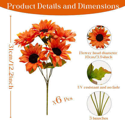6 Bundles 30 Heads Sunflowers Artificial Flowers Fake Mums Faux Fall Flowers for Outdoors UV Resistant Silk Sunflower for Vase Autumn Wedding Porch Garden Indoor Outside Decor (Yellow)