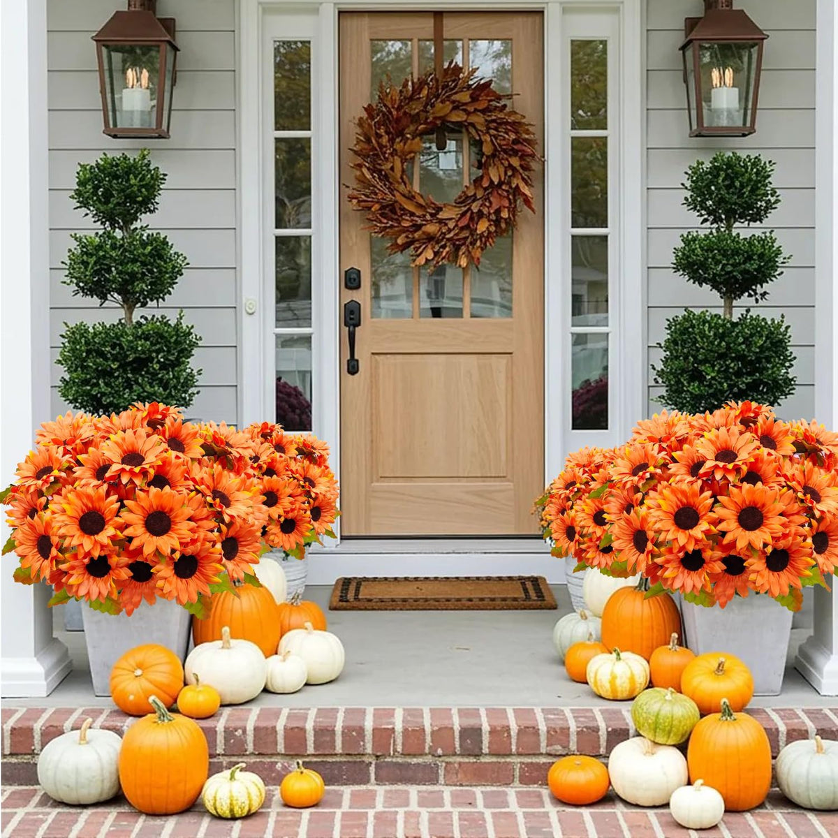 6 Bundles 30 Heads Sunflowers Artificial Flowers Fake Mums Faux Fall Flowers for Outdoors UV Resistant Silk Sunflower for Vase Autumn Wedding Porch Garden Indoor Outside Decor (Yellow)