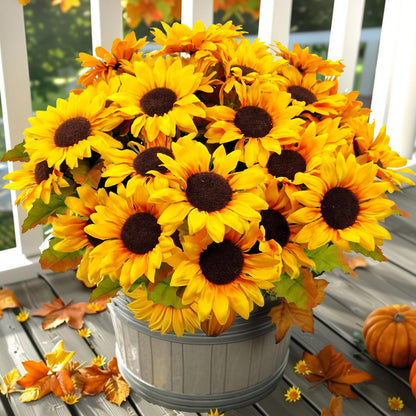 6 Bundles 30 Heads Sunflowers Artificial Flowers Fake Mums Faux Fall Flowers for Outdoors UV Resistant Silk Sunflower for Vase Autumn Wedding Porch Garden Indoor Outside Decor (Yellow)