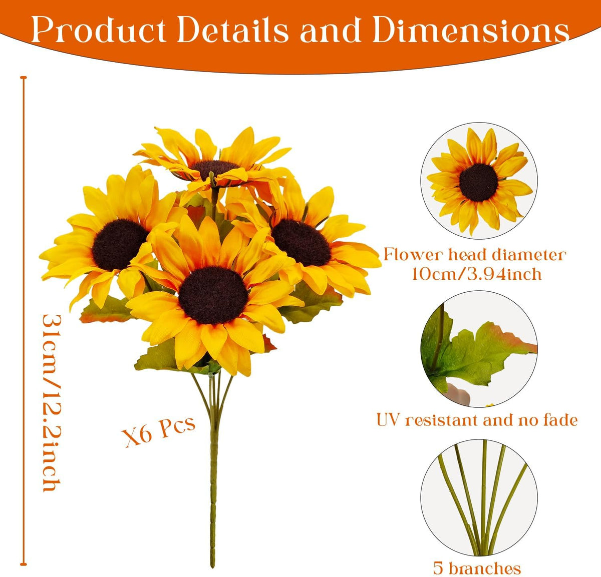 6 Bundles 30 Heads Sunflowers Artificial Flowers Fake Mums Faux Fall Flowers for Outdoors UV Resistant Silk Sunflower for Vase Autumn Wedding Porch Garden Indoor Outside Decor (Yellow)