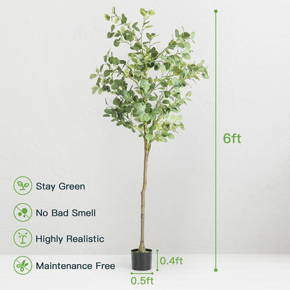 6FT Artificial Eucalyptus Tree Indoor Fake Tree Tall Fake Eucalyptus Plant Large Lifelike Green Faux Tree for Home Office Living Room Bedroom Corner Decor