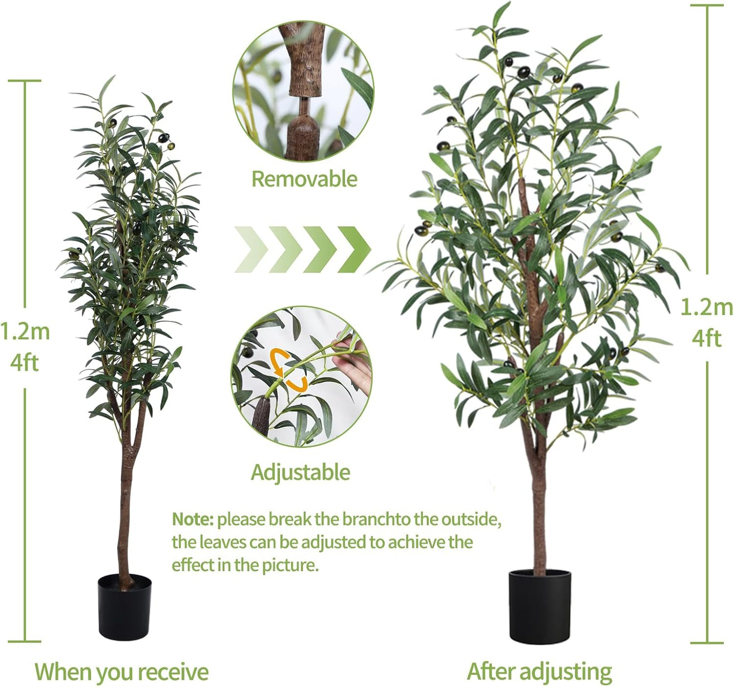 Artificial Olive Tree, 4FT Tall Faux Olive Trees 48in Outdoor Fake Potted Silk Plant with Trunk and Realistic 436 Leaves and 16 Fruits for Modern Office Home Decor（1pack）