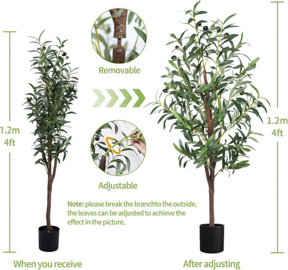 Artificial Olive Tree, 4FT Tall Faux Olive Trees 48in Outdoor Fake Potted Silk Plant with Trunk and Realistic 436 Leaves and 16 Fruits for Modern Office Home Decor（1pack）