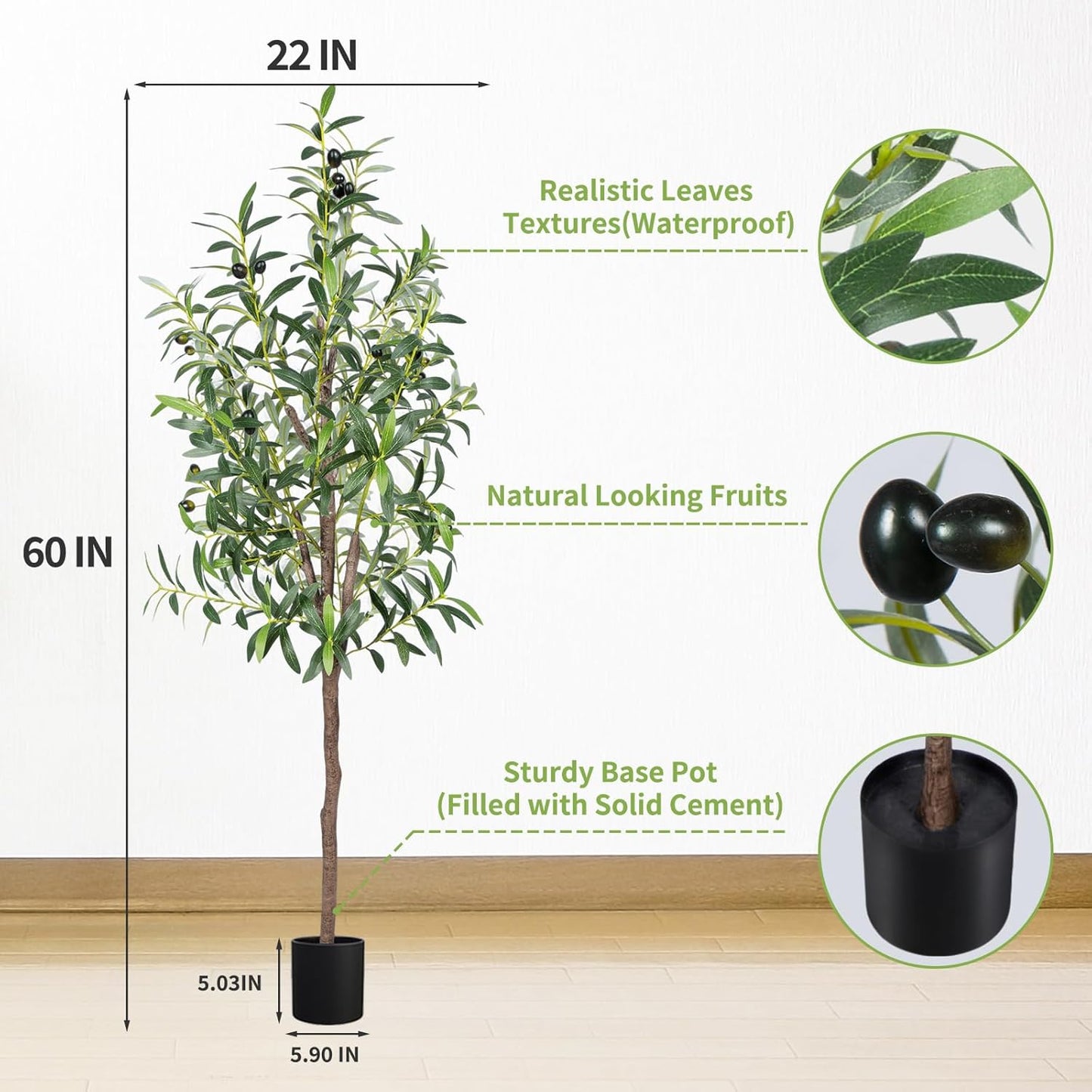 Artificial Olive Tree, 4FT Tall Faux Olive Trees 48in Outdoor Fake Potted Silk Plant with Trunk and Realistic 436 Leaves and 16 Fruits for Modern Office Home Decor（1pack）