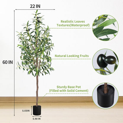 Artificial Olive Tree, 4FT Tall Faux Olive Trees 48in Outdoor Fake Potted Silk Plant with Trunk and Realistic 436 Leaves and 16 Fruits for Modern Office Home Decor（1pack）
