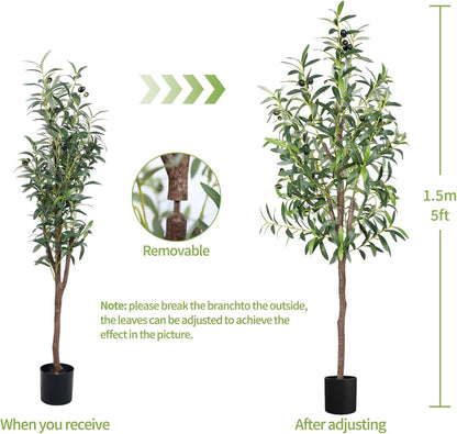 Artificial Olive Tree, 4FT Tall Faux Olive Trees 48in Outdoor Fake Potted Silk Plant with Trunk and Realistic 436 Leaves and 16 Fruits for Modern Office Home Decor（1pack）