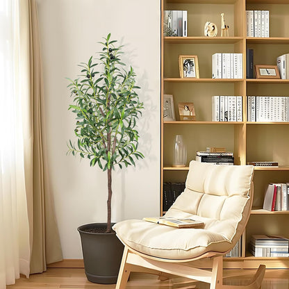 Artificial Olive Tree, 4FT Tall Faux Olive Trees 48in Outdoor Fake Potted Silk Plant with Trunk and Realistic 436 Leaves and 16 Fruits for Modern Office Home Decor（1pack）