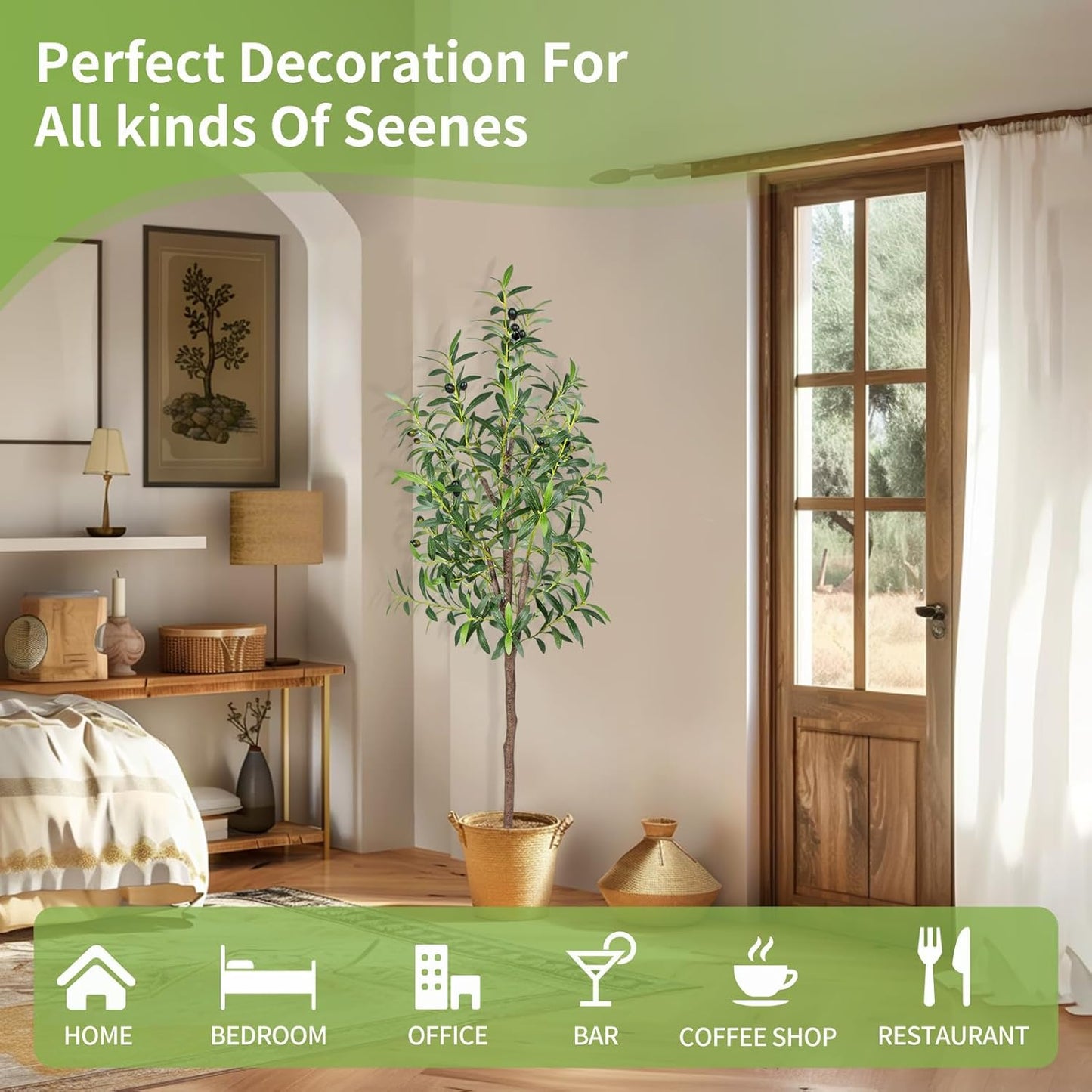 Artificial Olive Tree, 4FT Tall Faux Olive Trees 48in Outdoor Fake Potted Silk Plant with Trunk and Realistic 436 Leaves and 16 Fruits for Modern Office Home Decor（1pack）