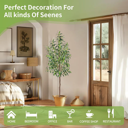 Artificial Olive Tree, 4FT Tall Faux Olive Trees 48in Outdoor Fake Potted Silk Plant with Trunk and Realistic 436 Leaves and 16 Fruits for Modern Office Home Decor（1pack）