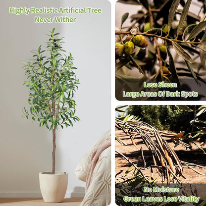 Artificial Olive Tree, 4FT Tall Faux Olive Trees 48in Outdoor Fake Potted Silk Plant with Trunk and Realistic 436 Leaves and 16 Fruits for Modern Office Home Decor（1pack）