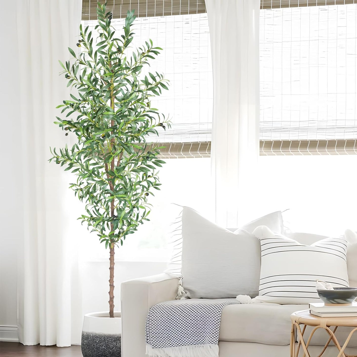 Artificial Olive Tree, 4FT Tall Faux Olive Trees 48in Outdoor Fake Potted Silk Plant with Trunk and Realistic 436 Leaves and 16 Fruits for Modern Office Home Decor（1pack）