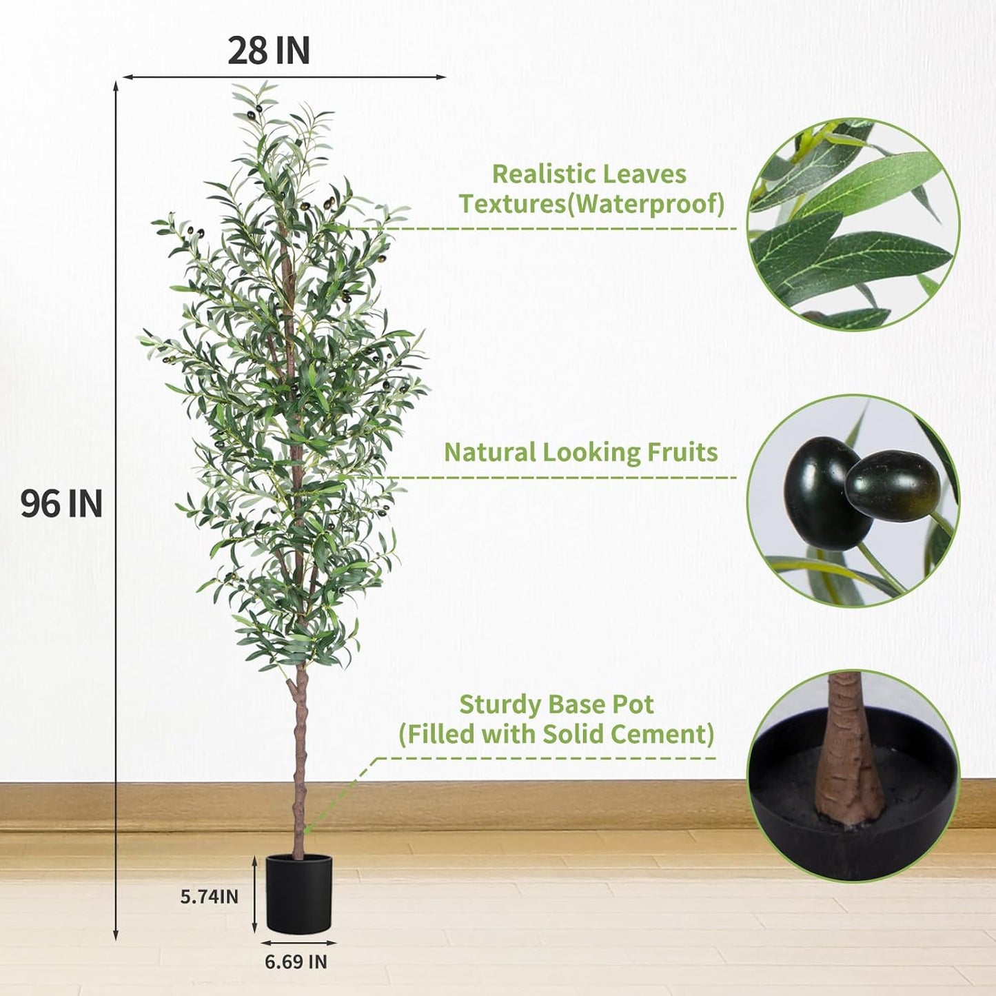 Artificial Olive Tree, 4FT Tall Faux Olive Trees 48in Outdoor Fake Potted Silk Plant with Trunk and Realistic 436 Leaves and 16 Fruits for Modern Office Home Decor（1pack）