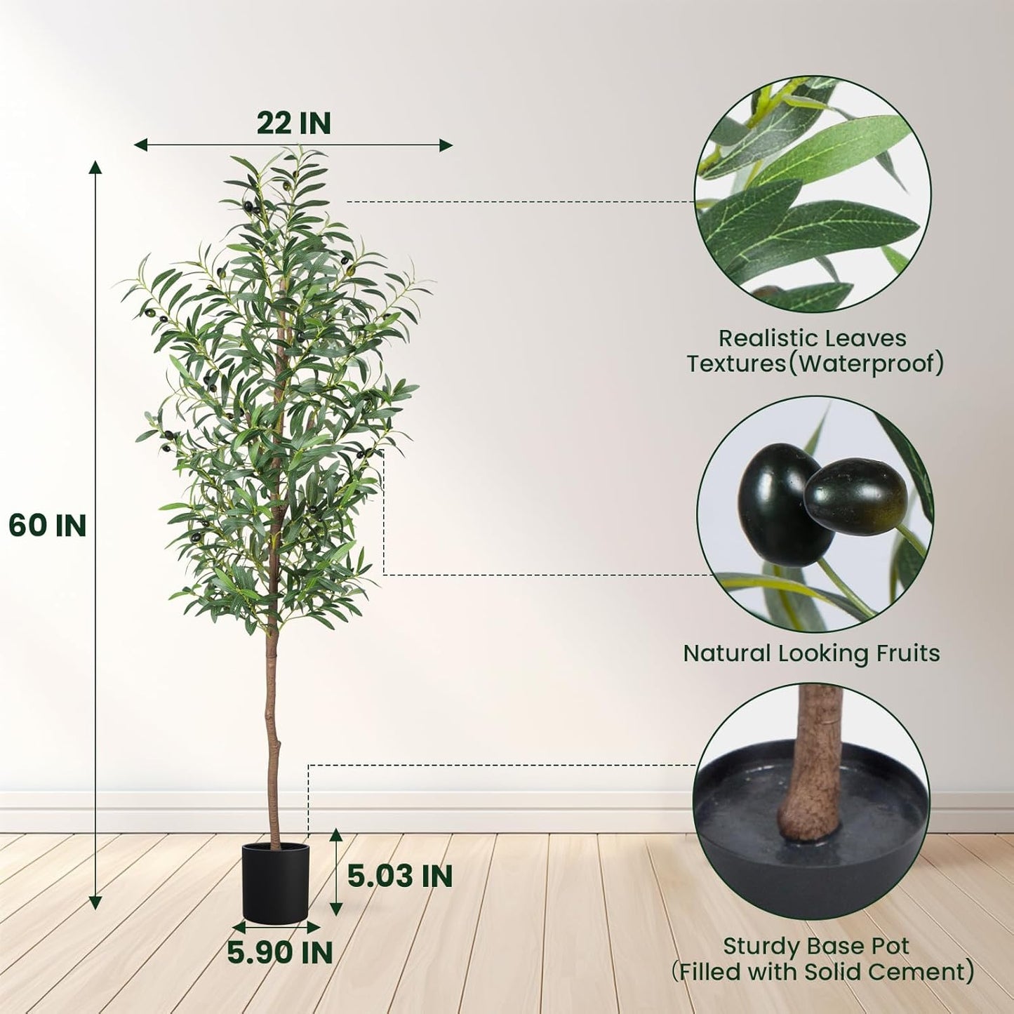 Artificial Olive Tree, 4FT Tall Faux Olive Trees 48in Outdoor Fake Potted Silk Plant with Trunk and Realistic 436 Leaves and 16 Fruits for Modern Office Home Decor（1pack）