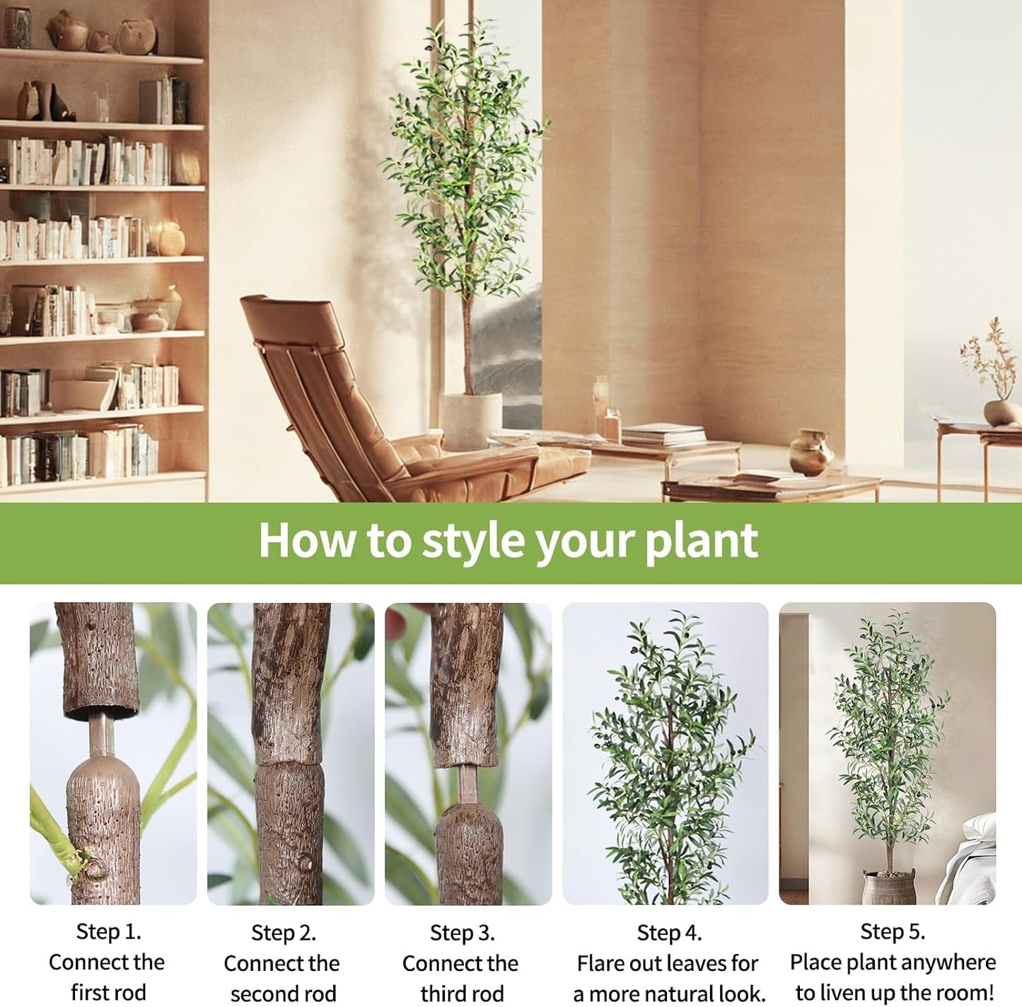 Artificial Olive Tree, 4FT Tall Faux Olive Trees 48in Outdoor Fake Potted Silk Plant with Trunk and Realistic 436 Leaves and 16 Fruits for Modern Office Home Decor（1pack）