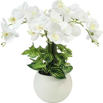 Orchids Artificial Flowers 18in with White Pot Real Touch Fake Orchid | 5pcs Faux Orchid Phalaenopsis Stems Orchid Flowers for Home Office Wedding Party Table Centerpiece Arrangement Decor