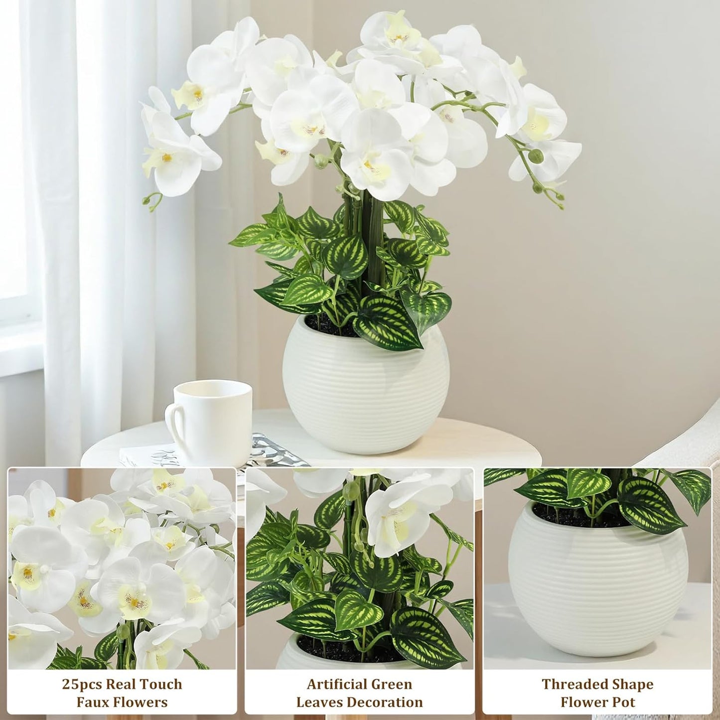 Orchids Artificial Flowers 18in with White Pot Real Touch Fake Orchid | 5pcs Faux Orchid Phalaenopsis Stems Orchid Flowers for Home Office Wedding Party Table Centerpiece Arrangement Decor
