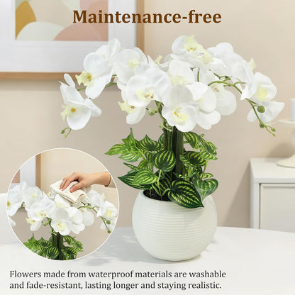 Orchids Artificial Flowers 18in with White Pot Real Touch Fake Orchid | 5pcs Faux Orchid Phalaenopsis Stems Orchid Flowers for Home Office Wedding Party Table Centerpiece Arrangement Decor