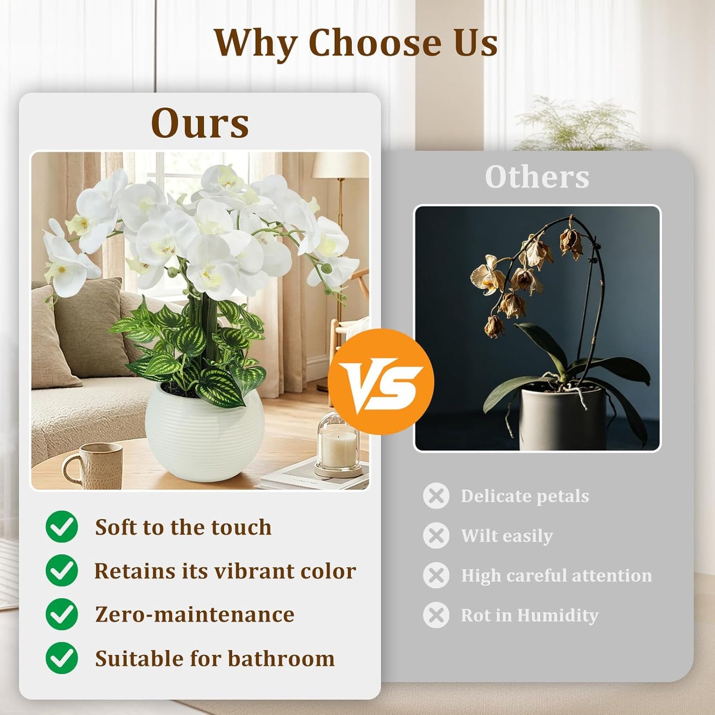 Orchids Artificial Flowers 18in with White Pot Real Touch Fake Orchid | 5pcs Faux Orchid Phalaenopsis Stems Orchid Flowers for Home Office Wedding Party Table Centerpiece Arrangement Decor