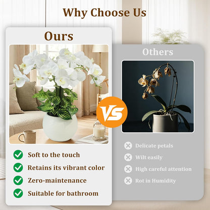Orchids Artificial Flowers 18in with White Pot Real Touch Fake Orchid | 5pcs Faux Orchid Phalaenopsis Stems Orchid Flowers for Home Office Wedding Party Table Centerpiece Arrangement Decor