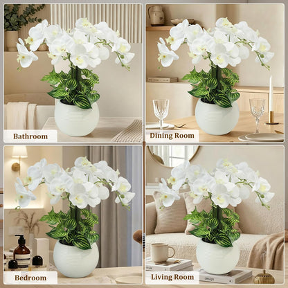 Orchids Artificial Flowers 18in with White Pot Real Touch Fake Orchid | 5pcs Faux Orchid Phalaenopsis Stems Orchid Flowers for Home Office Wedding Party Table Centerpiece Arrangement Decor