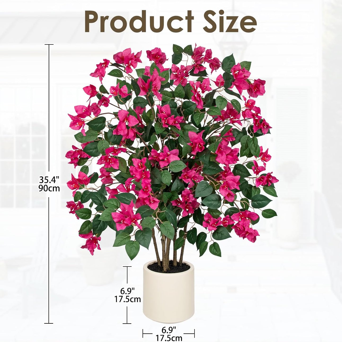 35.4in Artificial Bougainvillea Floral Tree in White Pot, Hot Pink Large Silk Flower Tree Faux Potted Tree for Indoor Outdoor Home Office Garden Wedding Party Decor
