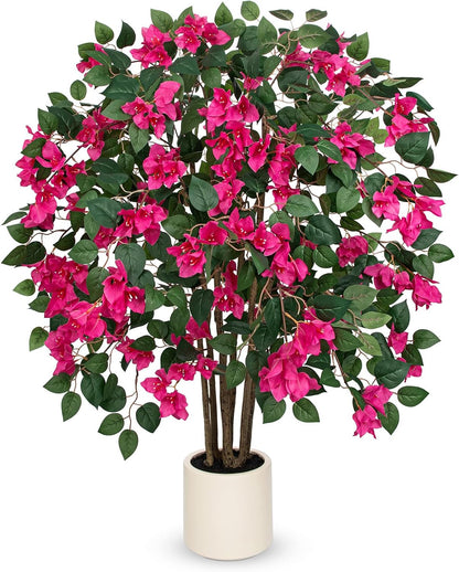 35.4in Artificial Bougainvillea Floral Tree in White Pot, Hot Pink Large Silk Flower Tree Faux Potted Tree for Indoor Outdoor Home Office Garden Wedding Party Decor