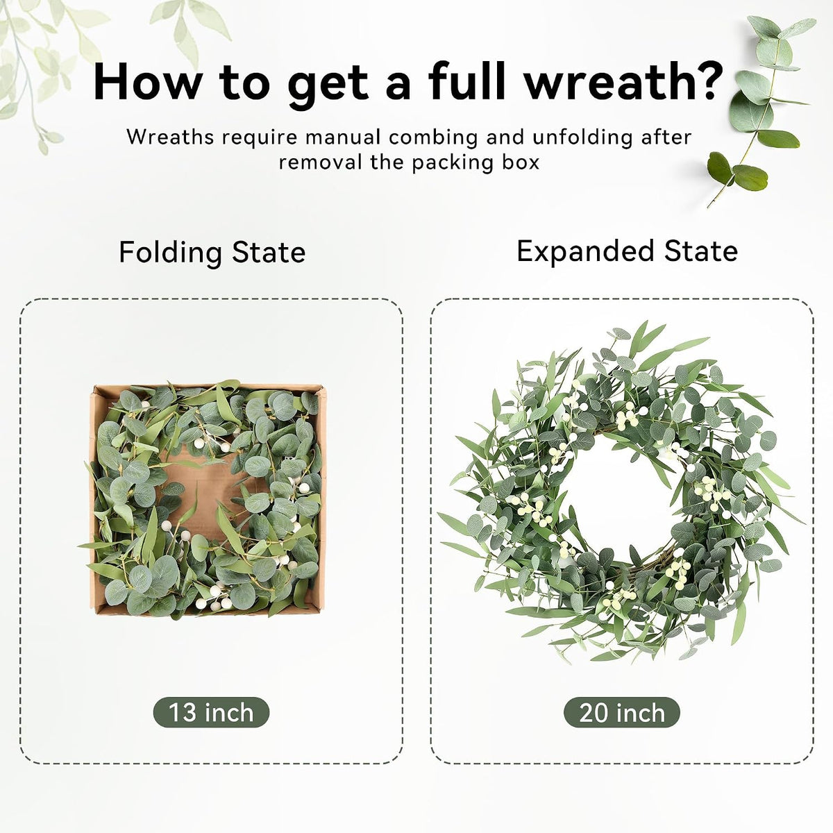 20'' Eucalyptus Wreath for Front Door Porch Decor, Spring Summer