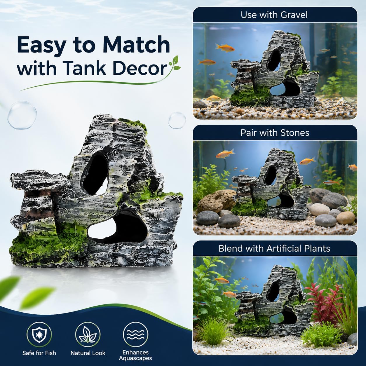 Artificial Moss Rock Cave Aquarium Decor, Fish Tank Hideout, Mountain Terrain Ornament