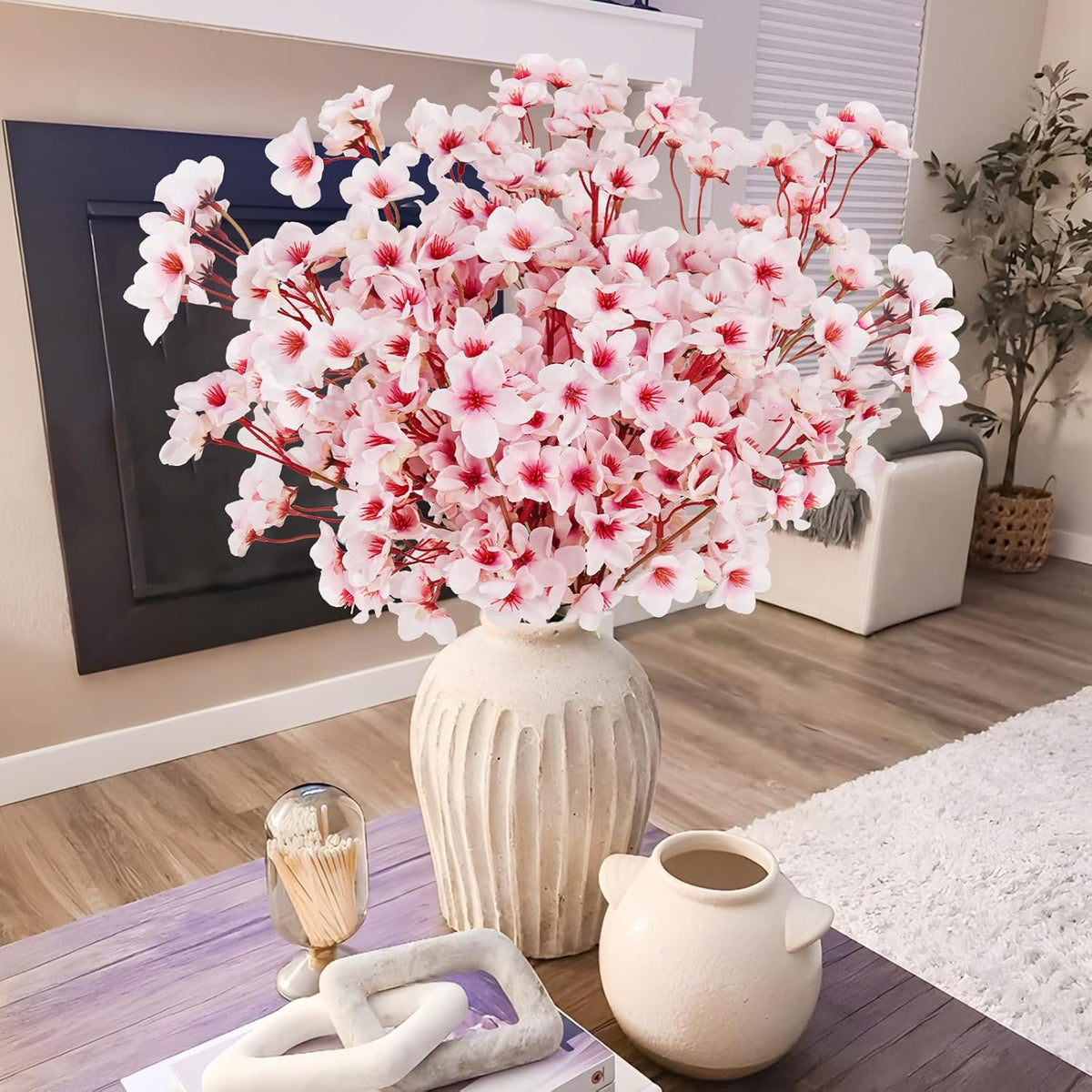 Artificial Cherry Blossom Branches, Faux Silk Cherry Blossom Flowers Fake Spring Cherry Blossom Floral Stems for Vase Wedding Table Centerpieces Indoor Home Decor