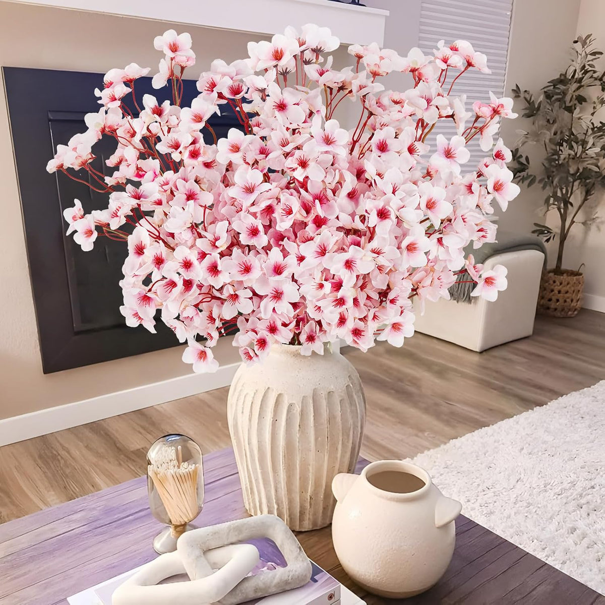 Artificial Cherry Blossom Branches, Faux Silk Cherry Blossom Flowers Fake Spring Cherry Blossom Floral Stems for Vase Wedding Table Centerpieces Indoor Home Decor