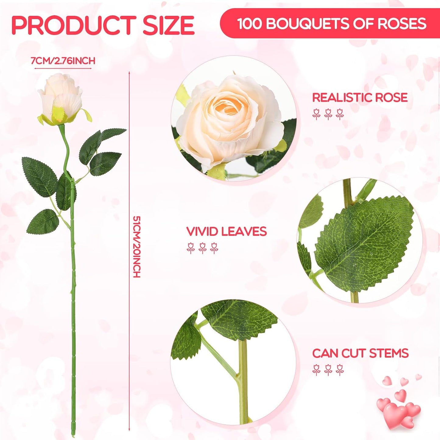100 Pieces Artificial Roses Flowers Bulk, Long Stem Realistic Fake Silk Roses Bouquet for Table Centerpiece Vases Wedding Party Kitchen Decor(White)