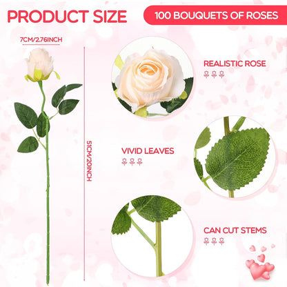 100 Pieces Artificial Roses Flowers Bulk, Long Stem Realistic Fake Silk Roses Bouquet for Table Centerpiece Vases Wedding Party Kitchen Decor(White)