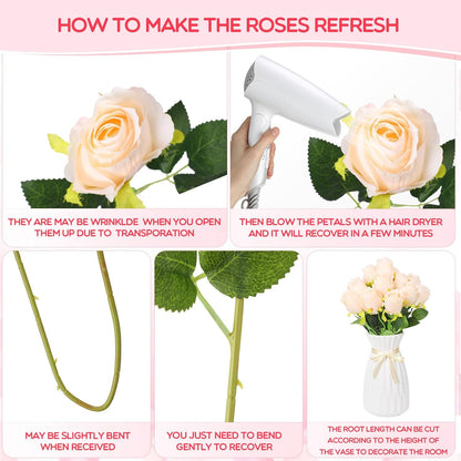 100 Pieces Artificial Roses Flowers Bulk, Long Stem Realistic Fake Silk Roses Bouquet for Table Centerpiece Vases Wedding Party Kitchen Decor(White)