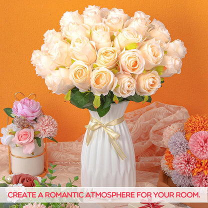 100 Pieces Artificial Roses Flowers Bulk, Long Stem Realistic Fake Silk Roses Bouquet for Table Centerpiece Vases Wedding Party Kitchen Decor(White)