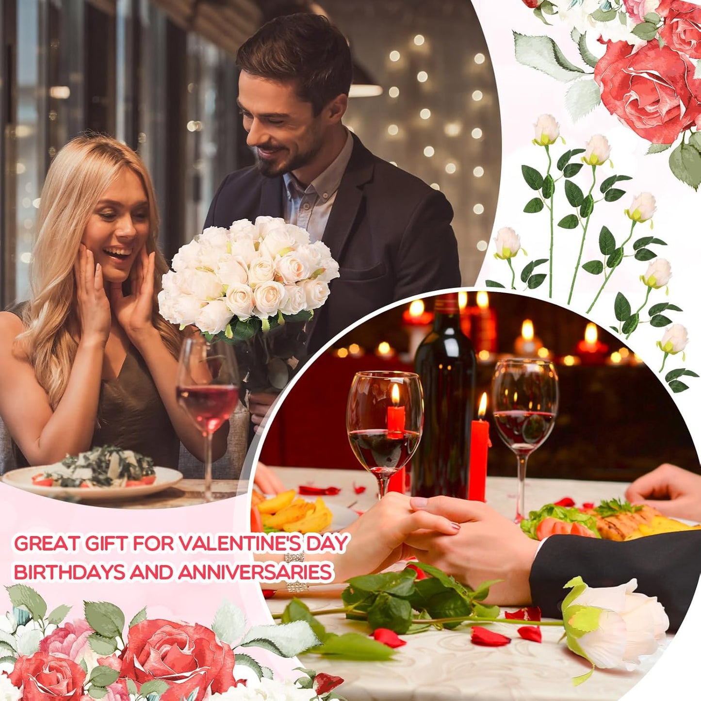 100 Pieces Artificial Roses Flowers Bulk, Long Stem Realistic Fake Silk Roses Bouquet for Table Centerpiece Vases Wedding Party Kitchen Decor(White)