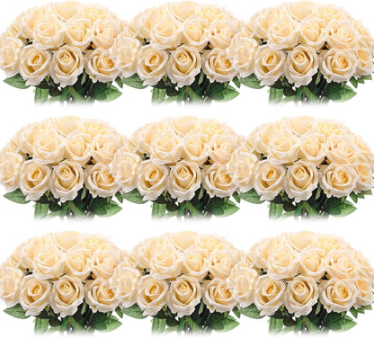 100 Pieces Artificial Roses Flowers Bulk, Long Stem Realistic Fake Silk Roses Bouquet for Table Centerpiece Vases Wedding Party Kitchen Decor(White)