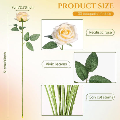 100 Pieces Artificial Roses Flowers Bulk, Long Stem Realistic Fake Silk Roses Bouquet for Table Centerpiece Vases Wedding Party Kitchen Decor(White)