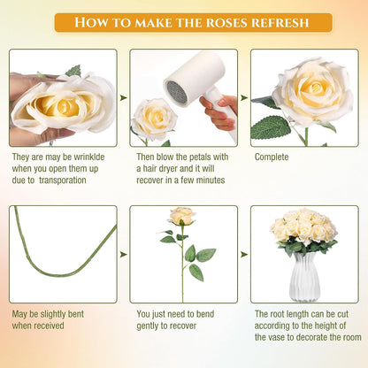 100 Pieces Artificial Roses Flowers Bulk, Long Stem Realistic Fake Silk Roses Bouquet for Table Centerpiece Vases Wedding Party Kitchen Decor(White)