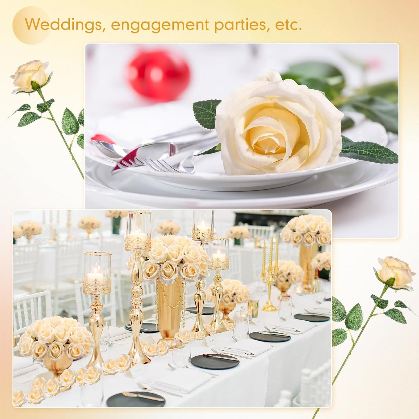 100 Pieces Artificial Roses Flowers Bulk, Long Stem Realistic Fake Silk Roses Bouquet for Table Centerpiece Vases Wedding Party Kitchen Decor(White)